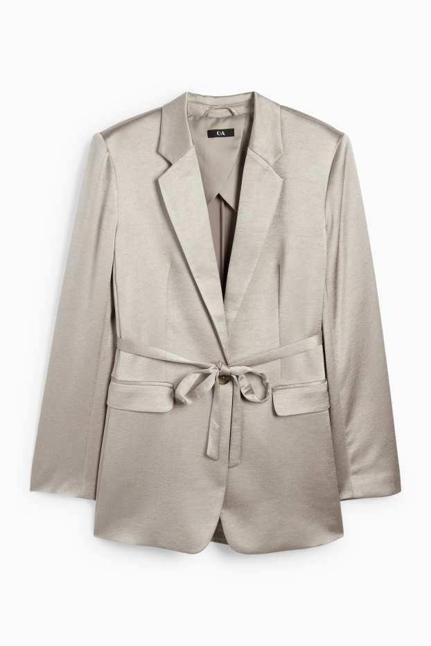 Dames - Lange blazer - getailleerd - glanzend - lichtgrijs