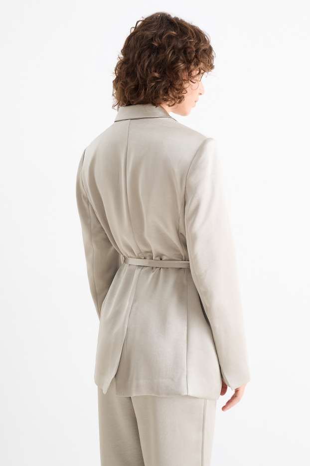 Dames - Lange blazer - getailleerd - glanzend - lichtgrijs