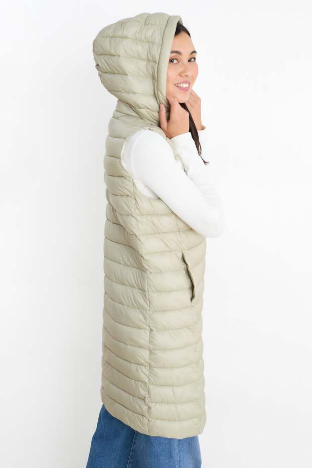 Dames - Lange bodywarmer met capuchon - licht beige