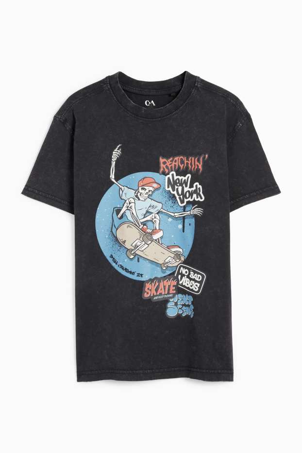 Children Boys - Skateboarder skeleton - short sleeve T-shirt - black