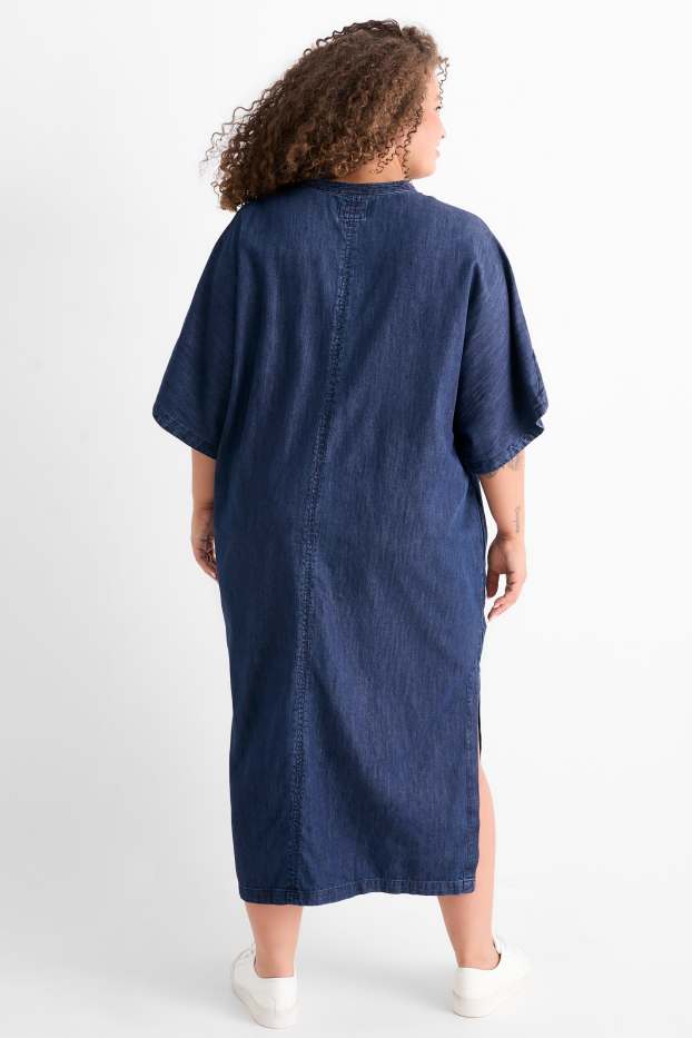 Women - V-neck denim kaftan - denim-dark blue