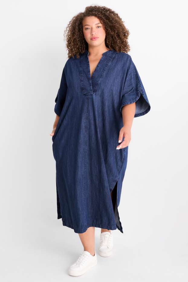 Women - V-neck denim kaftan - denim-dark blue