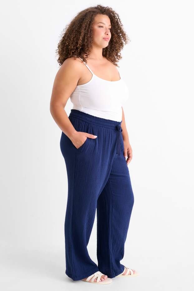 Femmes - Pantalon de toile - mid waist - comfort fit - texturé - bleu foncé