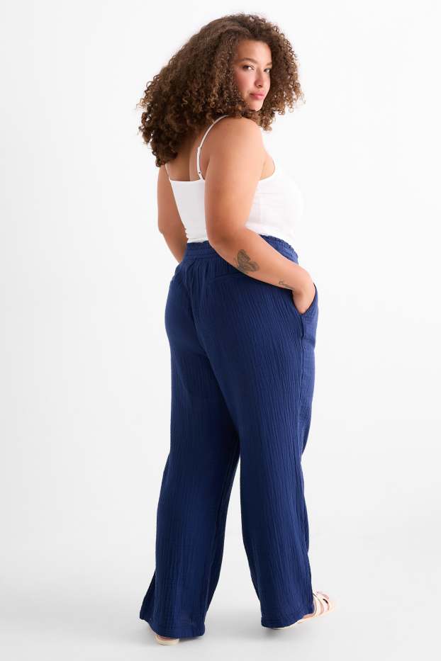 Femmes - Pantalon de toile - mid waist - comfort fit - texturé - bleu foncé