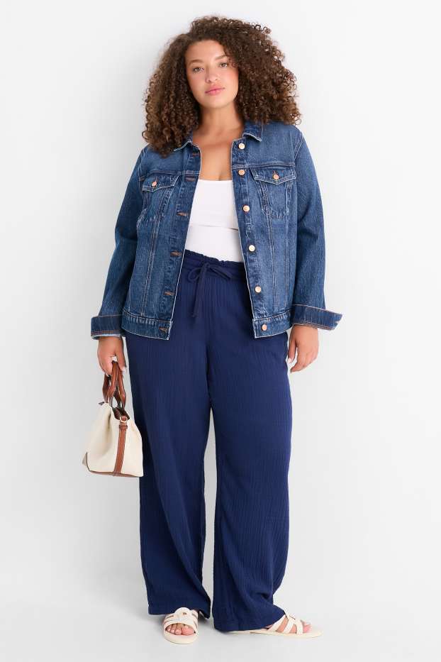 Femmes - Pantalon de toile - mid waist - comfort fit - texturé - bleu foncé