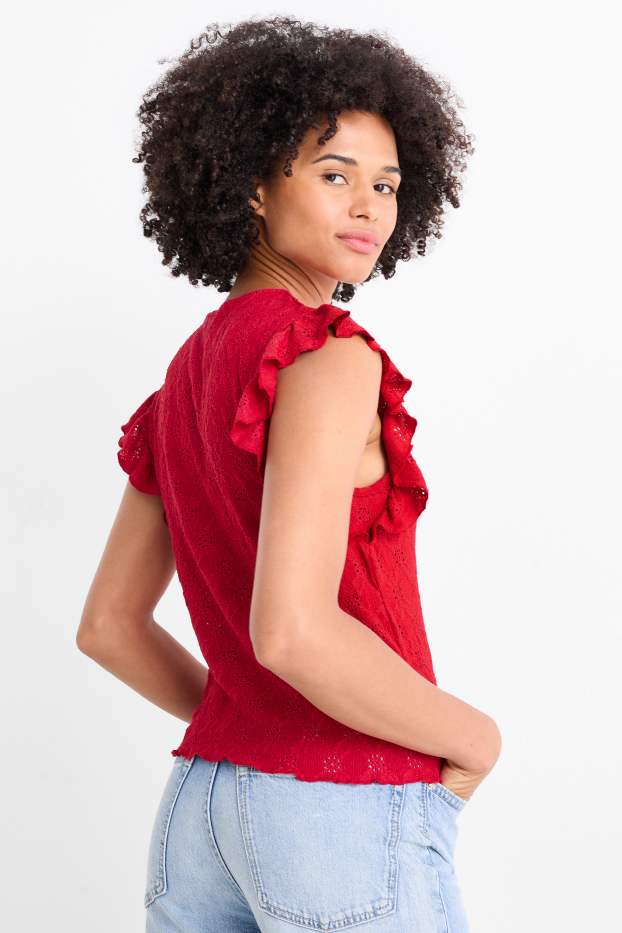 Dames - Top - broderie Anglaise - donkerrood