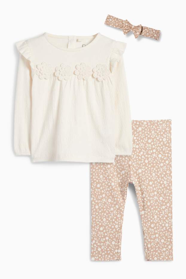 Baby: meisjes - Bloemetjes - baby-outfit - 3-delig - beige