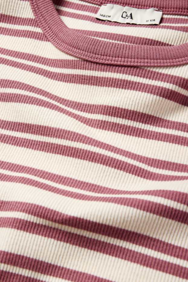 Kinderen: meisjes - T-shirt - ribstof - gestreept - donker rose
