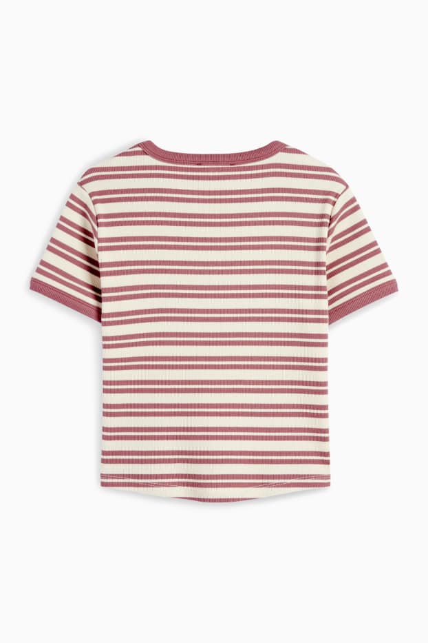 Kinderen: meisjes - T-shirt - ribstof - gestreept - donker rose
