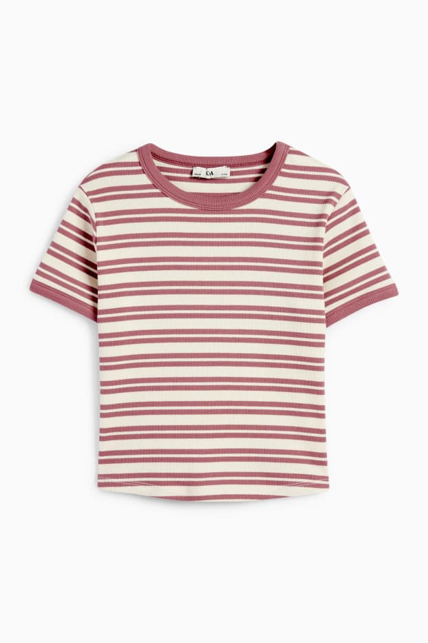 Kinderen: meisjes - T-shirt - ribstof - gestreept - donker rose