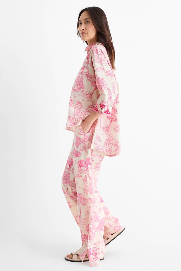 Dona - Rangsutra x C&A - pantalons de tela - high waist - palazzo - blanc/rosa