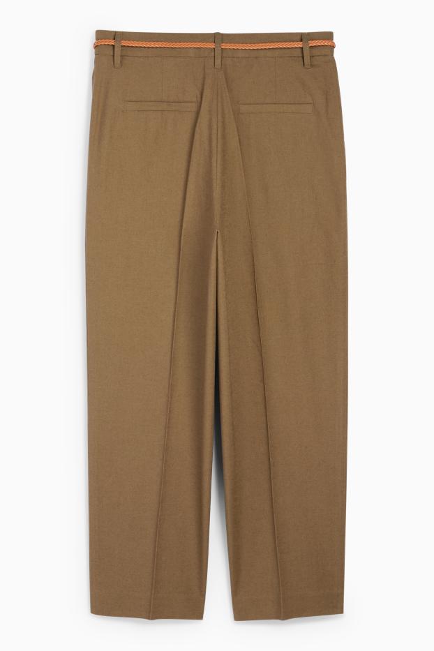 Damen - Stoffhose mit Gürtel - Mid Waist - Tapered Fit - Leinen-Mix - braun