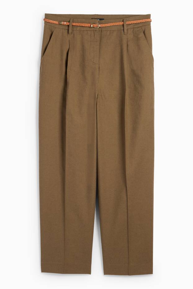 Damen - Stoffhose mit Gürtel - Mid Waist - Tapered Fit - Leinen-Mix - braun