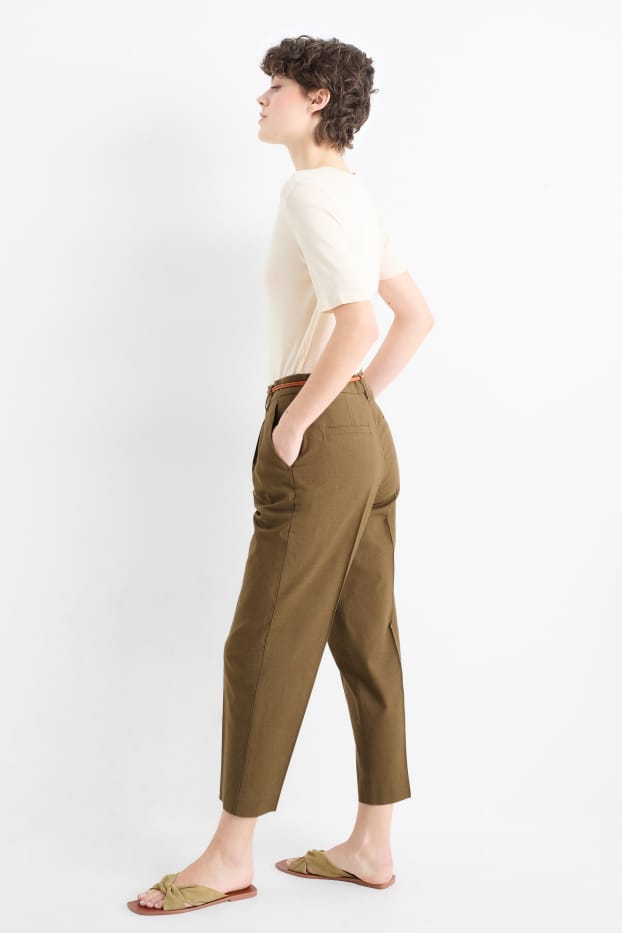 Damen - Stoffhose mit Gürtel - Mid Waist - Tapered Fit - Leinen-Mix - braun