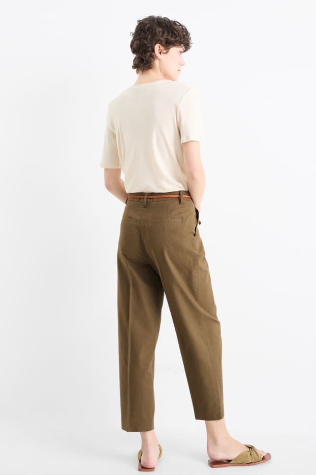 Damen - Stoffhose mit Gürtel - Mid Waist - Tapered Fit - Leinen-Mix - braun