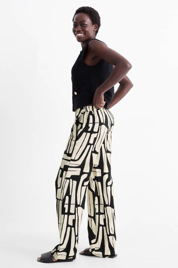 Dámské - Plátěné kalhoty - high waist - wide leg - se vzorem - černá/béžová