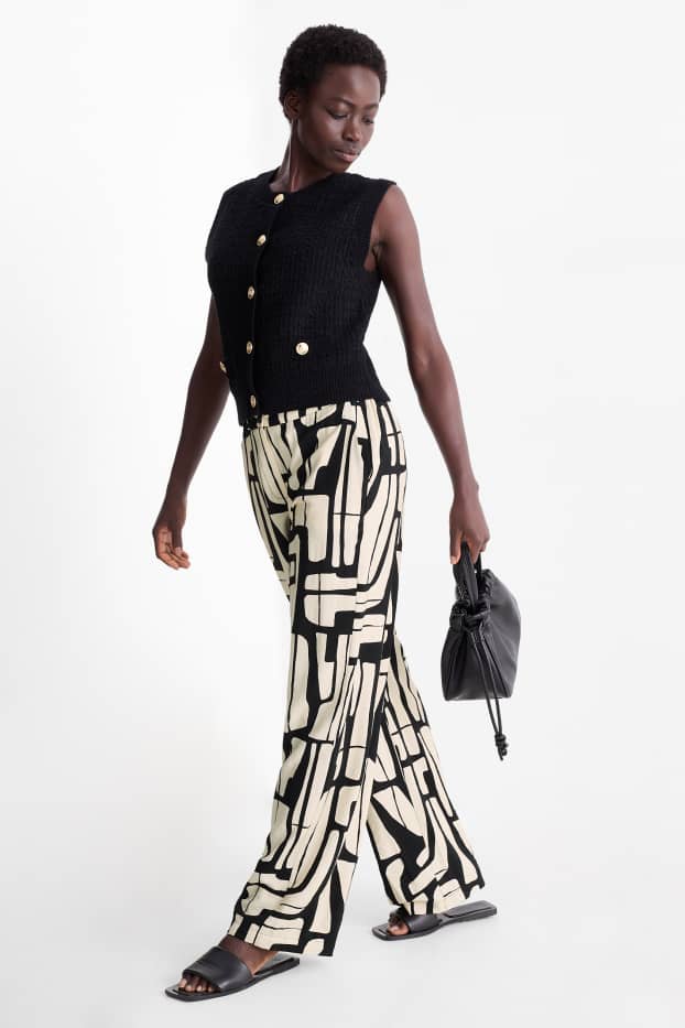 Dámské - Plátěné kalhoty - high waist - wide leg - se vzorem - černá/béžová