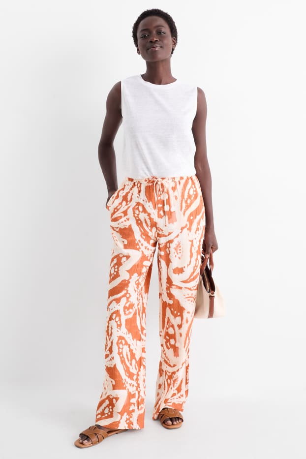 Donna - Pantaloni - vita media - palazzo - fantasia - arancio scuro