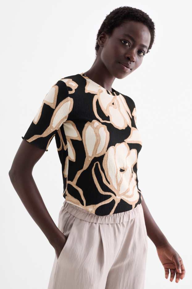 Dames - T-shirt - regular fit - gebloemd - met structuur - zwart / beige