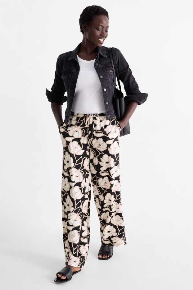 Femmes - Pantalon en toile - mid waist - palazzo - à fleurs - noir / beige