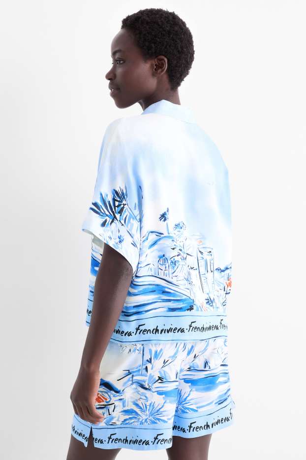 Damen - Bluse - gemustert - weiss / hellblau