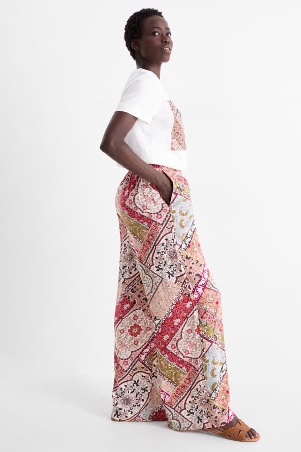Mujer - Pantalón de tela - mid waist - wide leg - de flores - multicolor