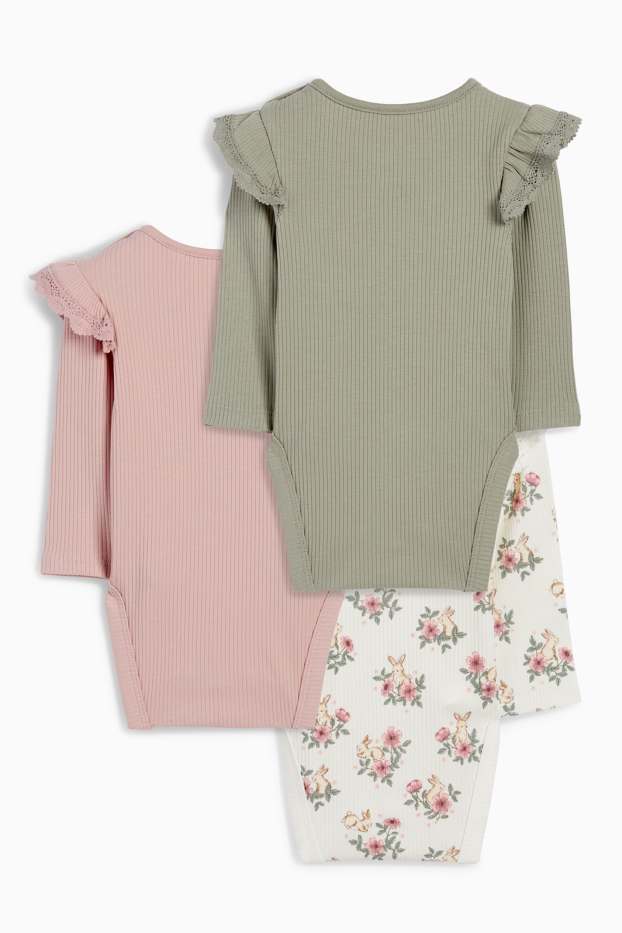 Baby Mädchen - Multipack 3er - Blümchen und Häschen - Baby-Body - gerippt - rosa