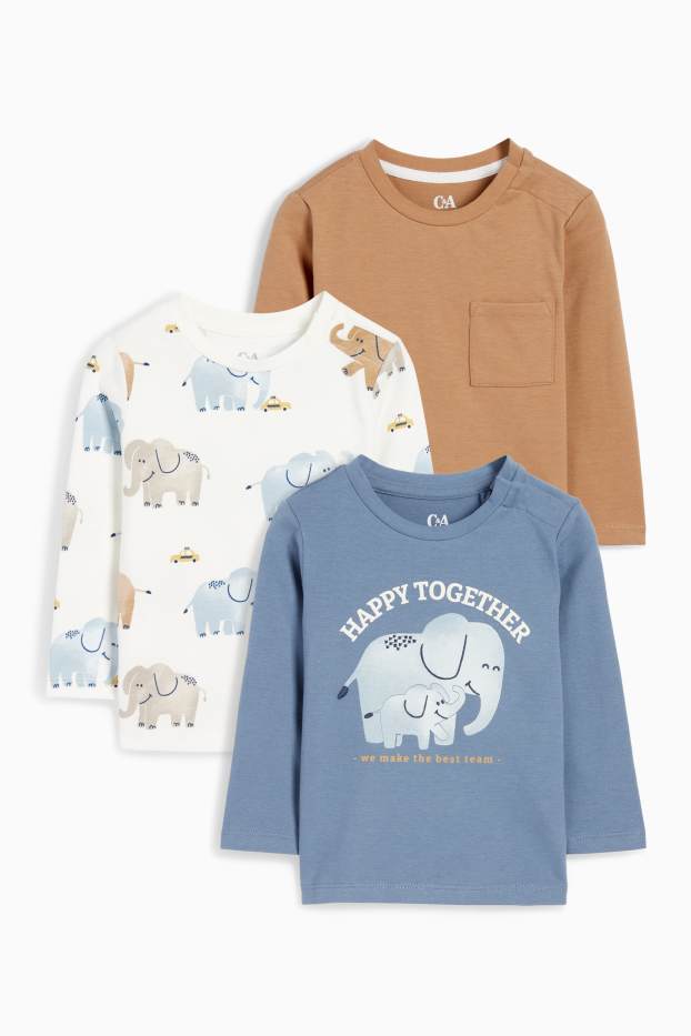 Baby: jongens - Set van 3 - olifant - babylongsleeve - blauw