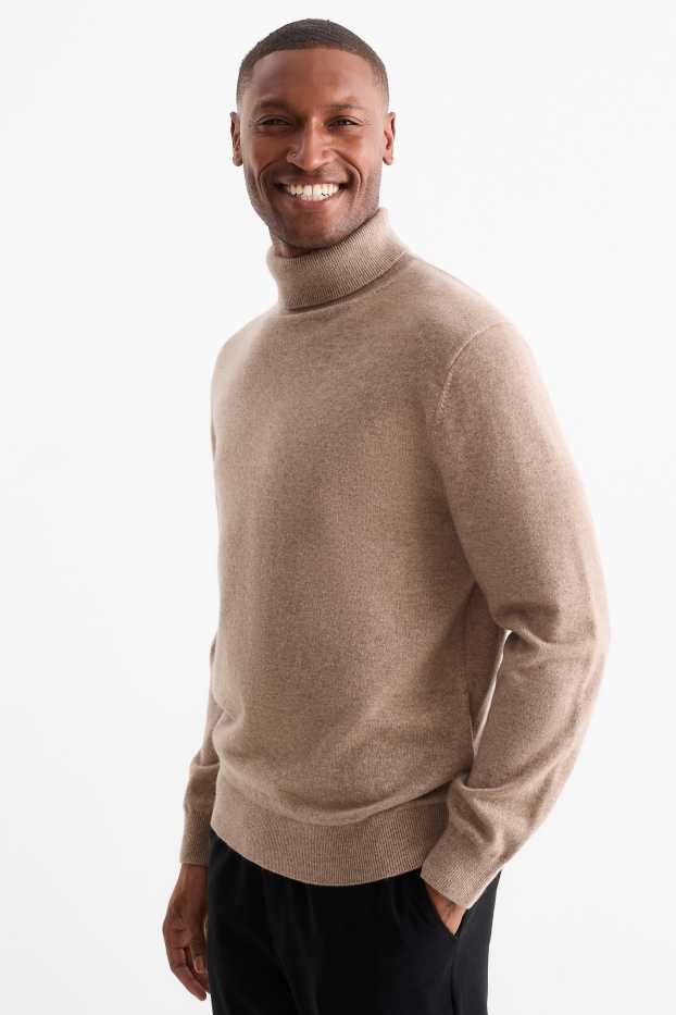 Men - Cashmere polo neck jumper - light brown