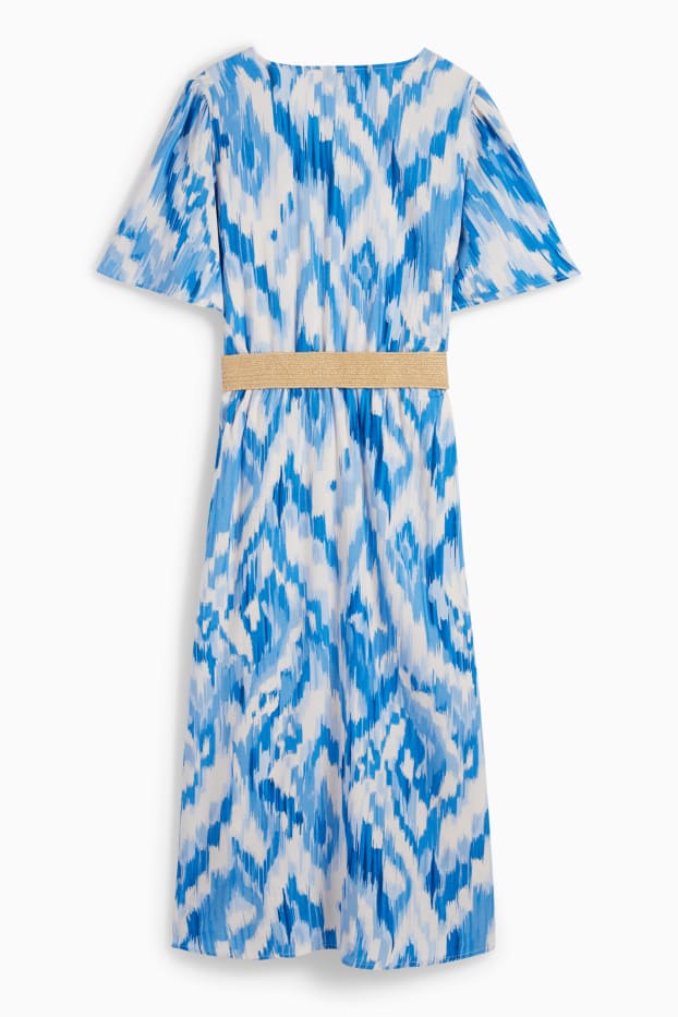 Damen - Viskose-Kleid mit V-Ausschnitt und Gürtel - gemustert - blau