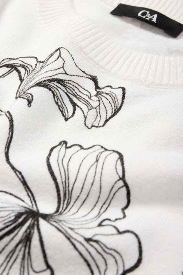 Damen - Strickpullover - kurzarm - geblümt - weiß / schwarz