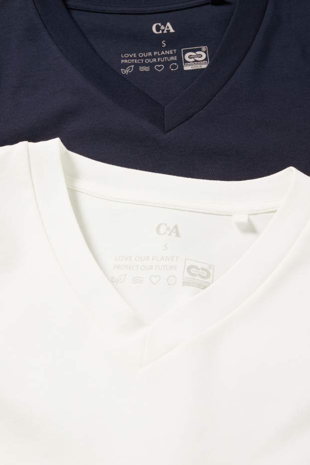 Dames - Set van 2 - T-shirt met V-hals - wit / blauw