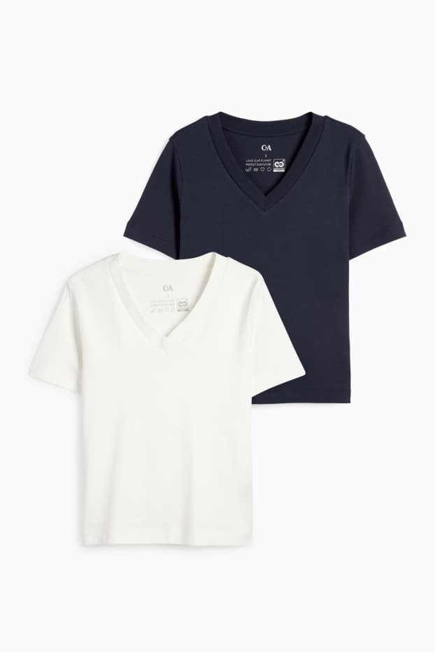 Dames - Set van 2 - T-shirt met V-hals - wit / blauw