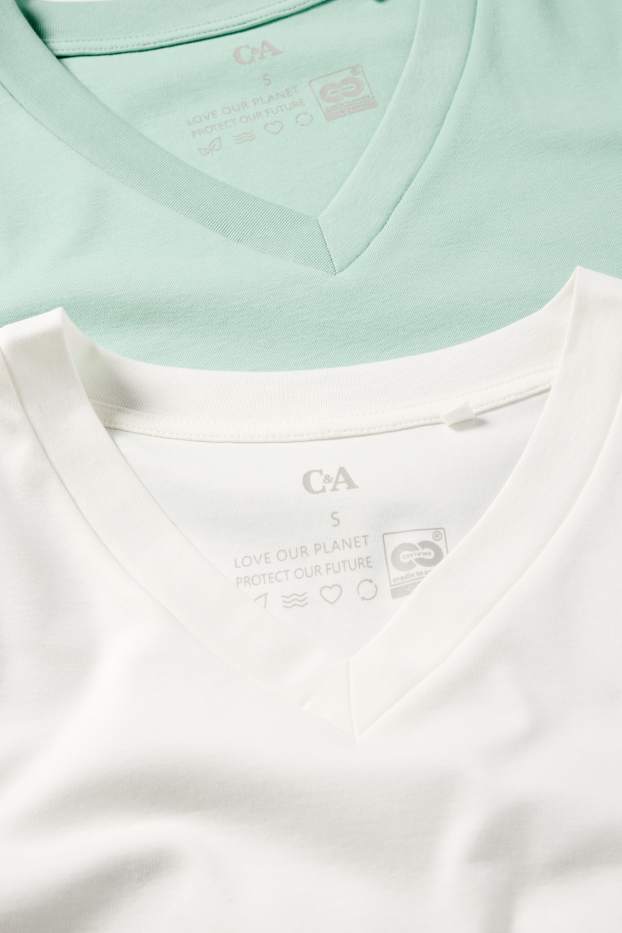 Dames - Set van 2 - T-shirt met V-hals - wit / turquoise