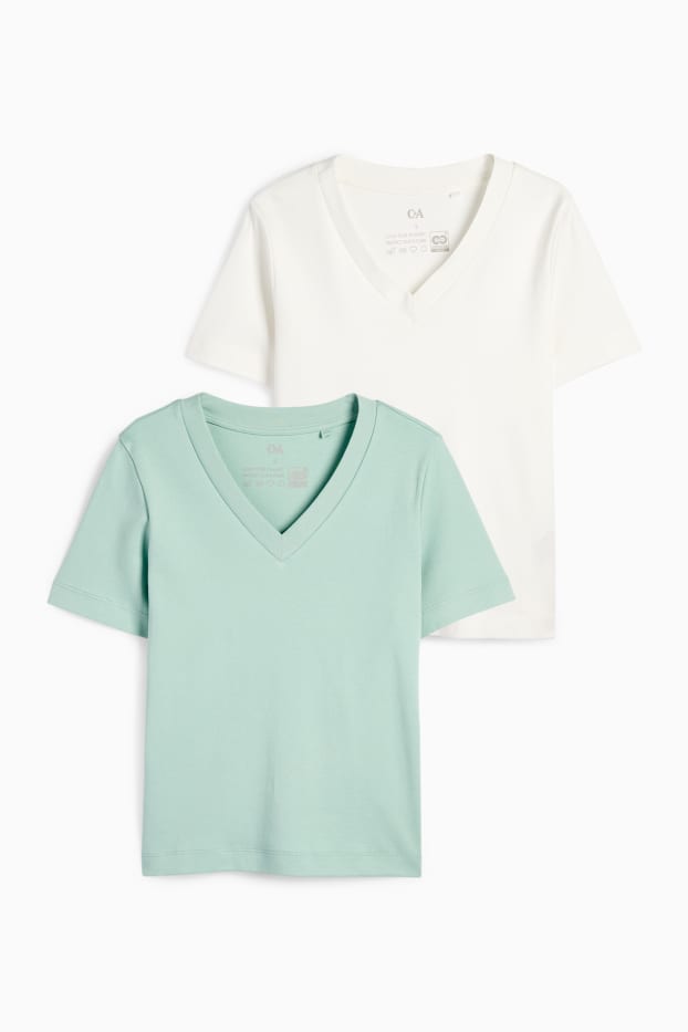 Dames - Set van 2 - T-shirt met V-hals - wit / turquoise
