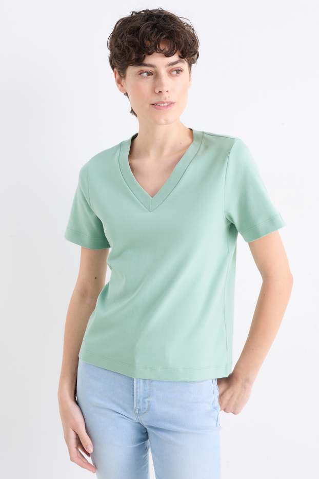 Dames - Set van 2 - T-shirt met V-hals - wit / turquoise