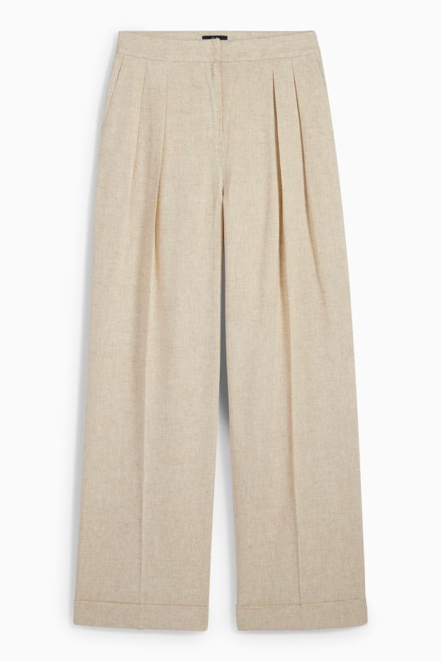 Dames - Business-broek - high waist - wide leg - linnenmix - beige / goud