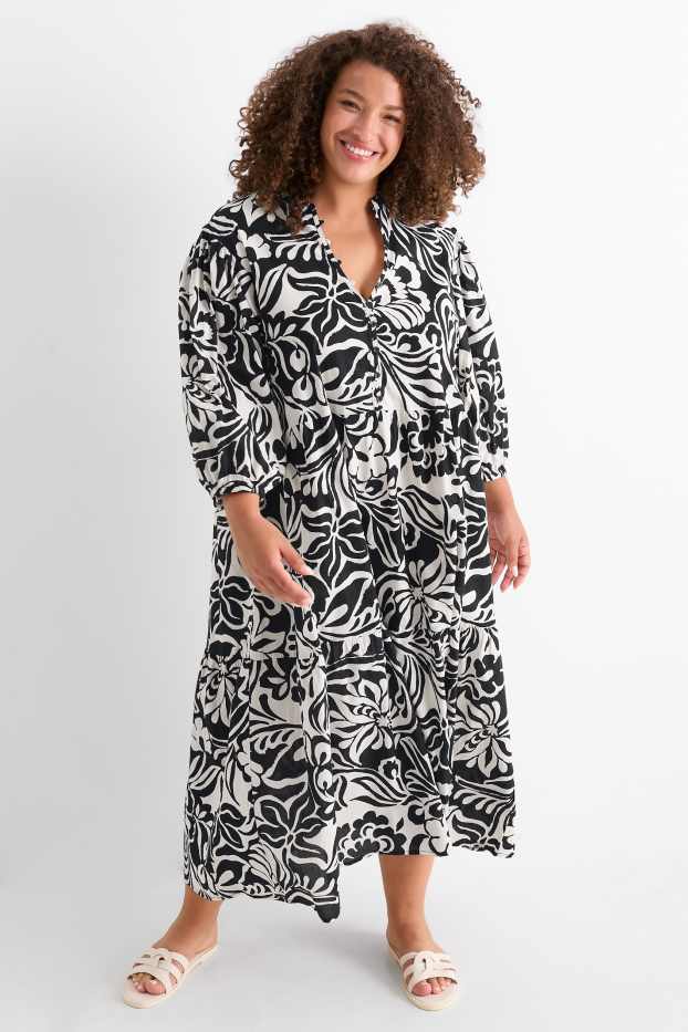 Dames - Blousejurk met V-hals - gebloemd - zwart / beige
