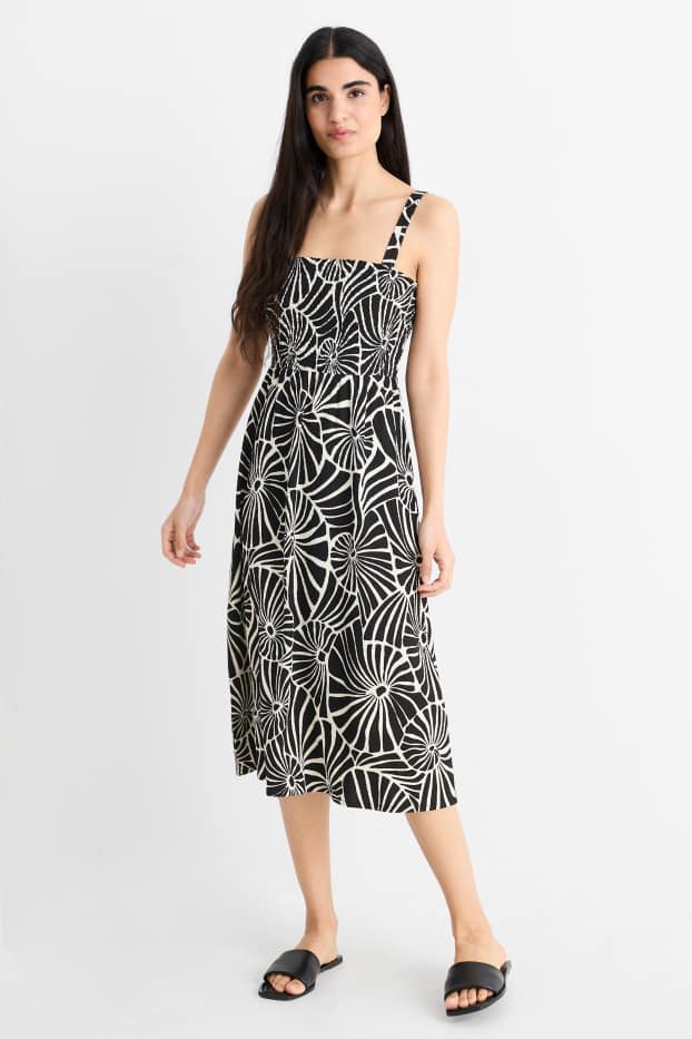 Damen - Fit & Flare Kleid - gemustert - strukturiert - gesmokt - schwarz / weiss