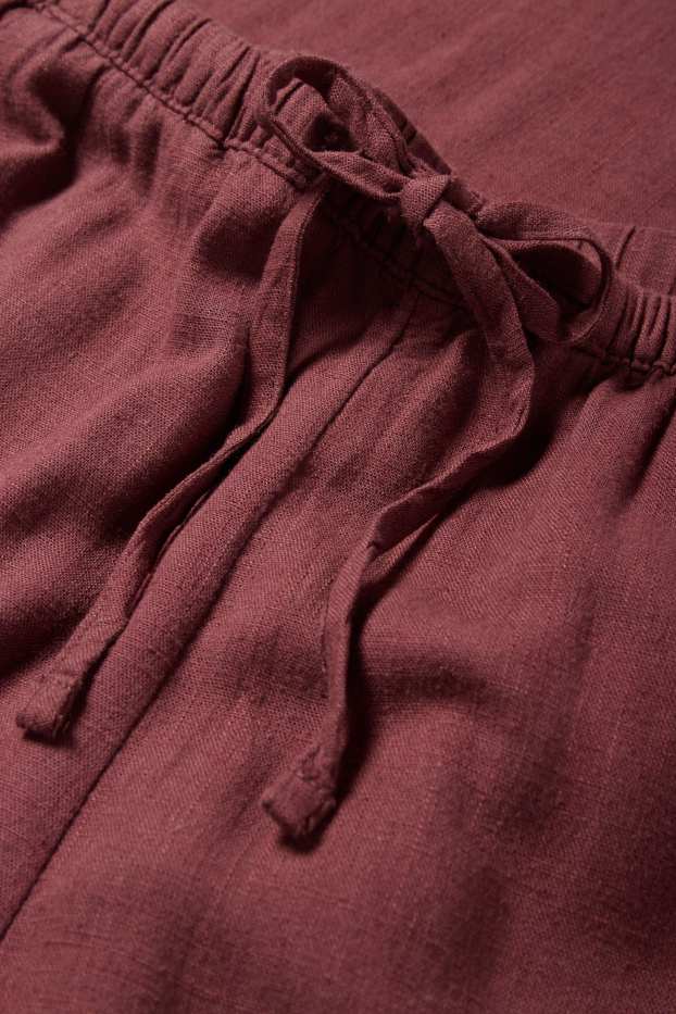 Dámské - Plátěné kalhoty s lněným podílem - mid waist - wide leg - bordeaux