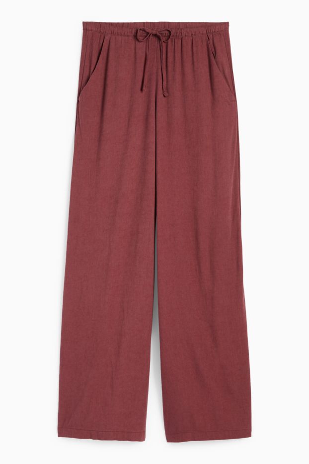 Dámské - Plátěné kalhoty s lněným podílem - mid waist - wide leg - bordeaux