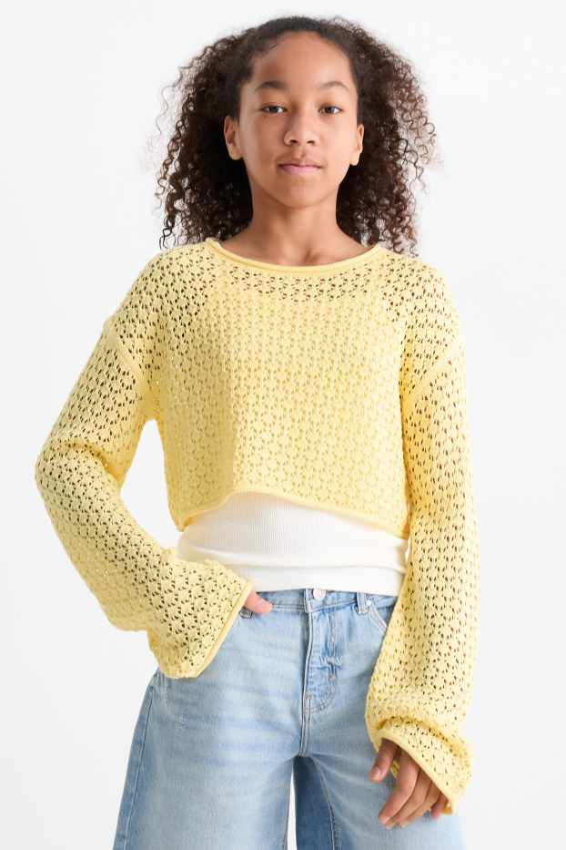 Děti - dívky - Souprava - svetr a top - 2dílná - světle žlutá