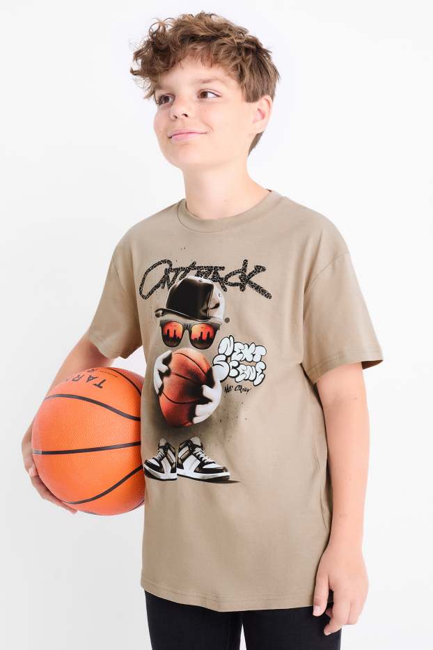 Děti - chlapci - Basketbalový motiv - tričko s krátkým rukávem - taupe