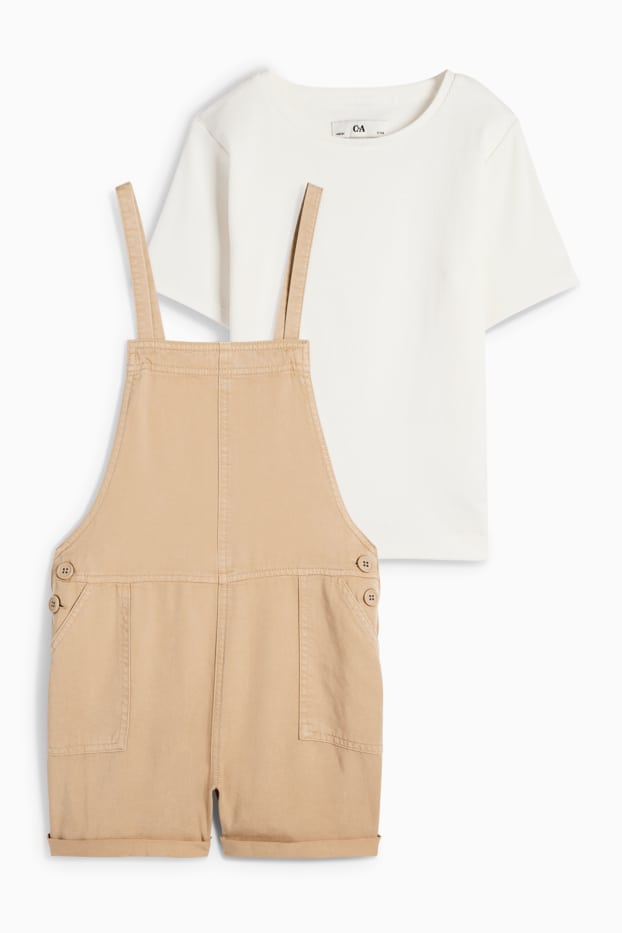 Kinder Mädchen - Set - Kurzarmshirt und Latzshorts - 2 teilig - beige