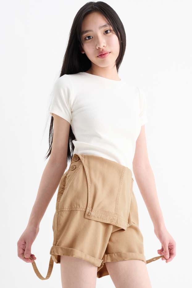 Kinder Mädchen - Set - Kurzarmshirt und Latzshorts - 2 teilig - beige