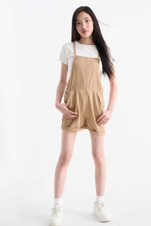 Kinder Mädchen - Set - Kurzarmshirt und Latzshorts - 2 teilig - beige