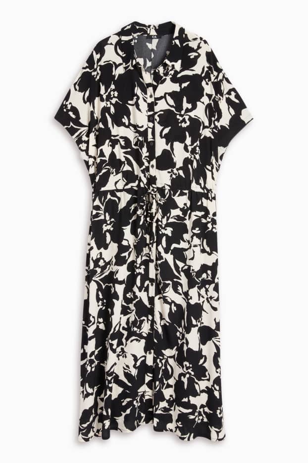 Damen - Viskose-Blusenkleid - geblümt - weiß / schwarz