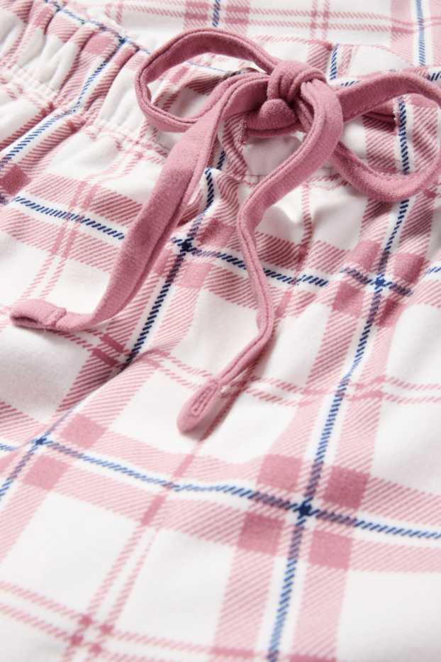 Damen - Flanell-Pyjamahose - kariert - weiss / rosa
