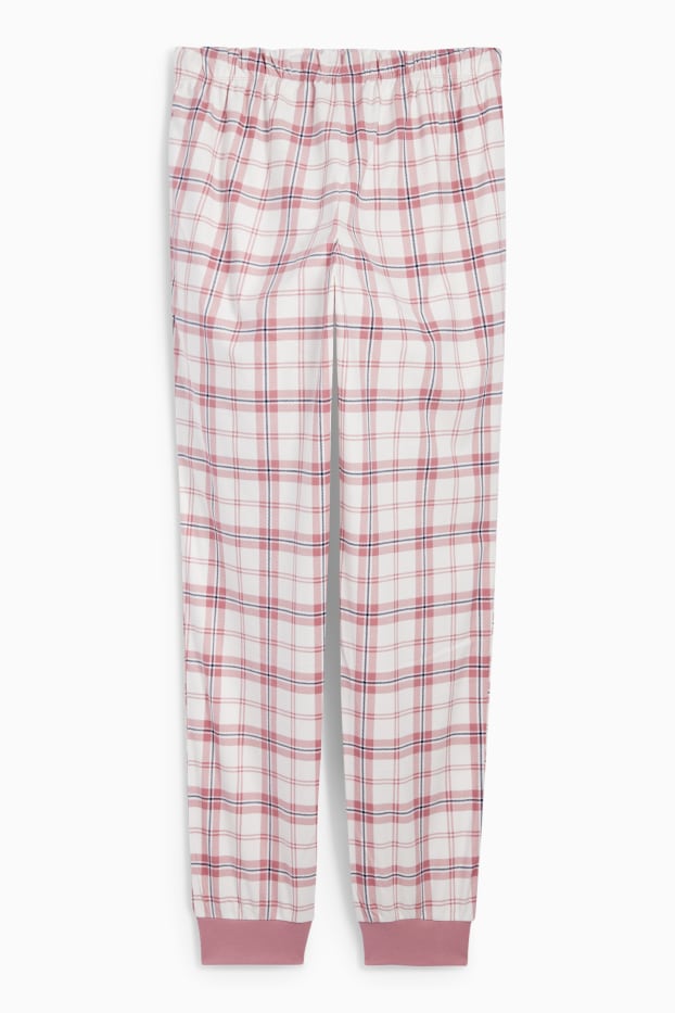 Damen - Flanell-Pyjamahose - kariert - weiss / rosa