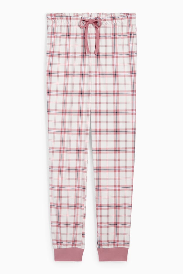 Damen - Flanell-Pyjamahose - kariert - weiss / rosa